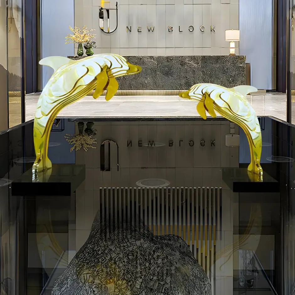 Statues & Sculptures Table Top|Floor Standing^Aqua Dolphin 70cm Gold Metal Garden Sculpture