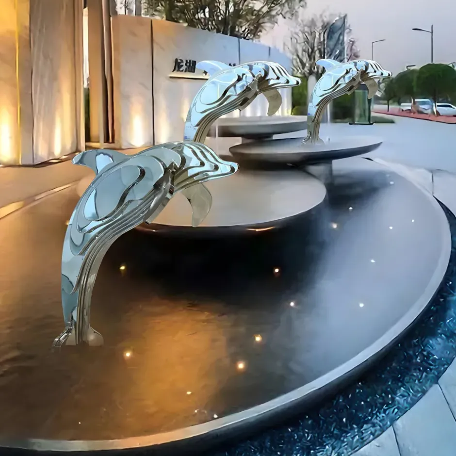 Statues & Sculptures Floor Standing|Abstract^Aqua Dolphin 105cm Silver Metal Garden Sculpture