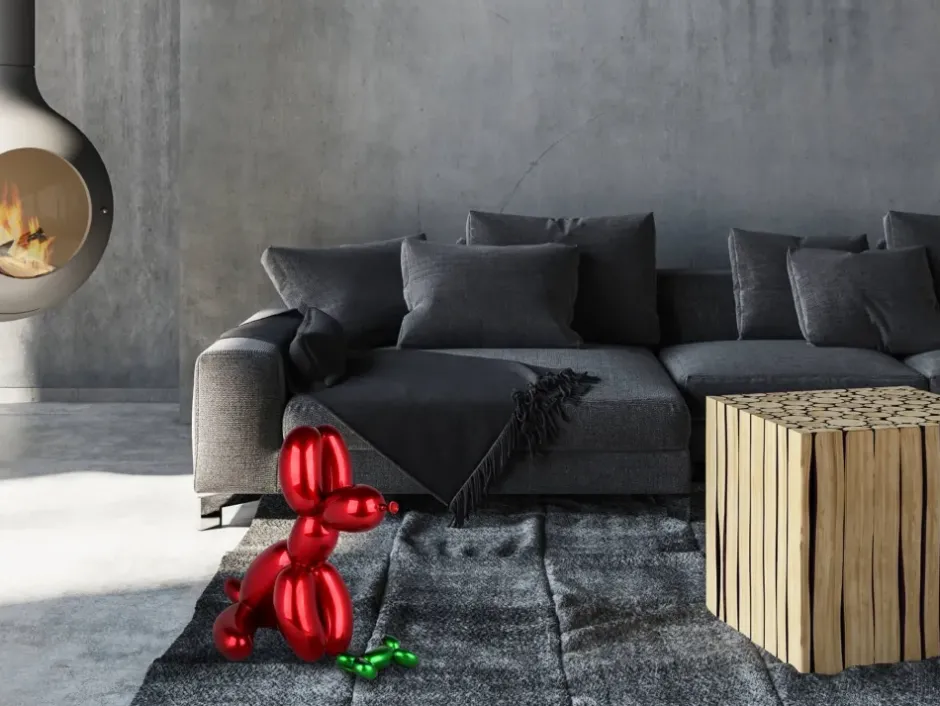 Statues & Sculptures Table Top|Floor Standing^Balloon Dog & Bone 46cm Red Resin Indoor Sculpture