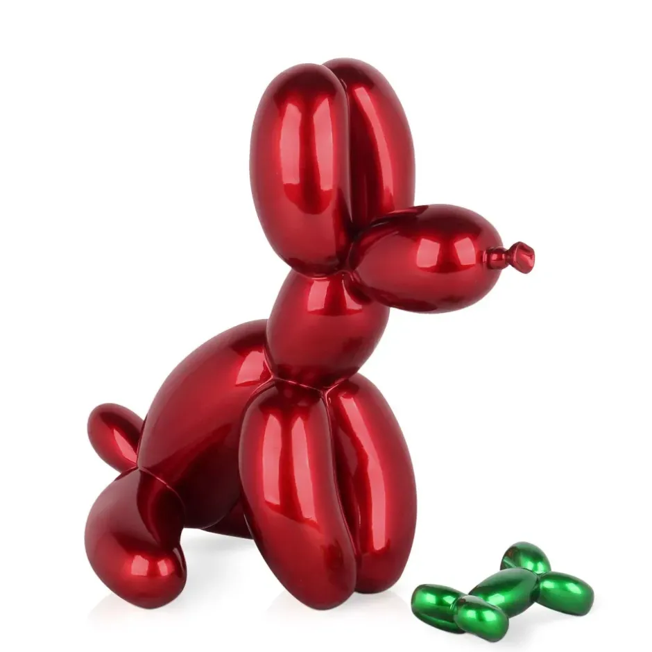 Statues & Sculptures Table Top|Floor Standing^Balloon Dog & Bone 28cm Red Resin Indoor Sculpture