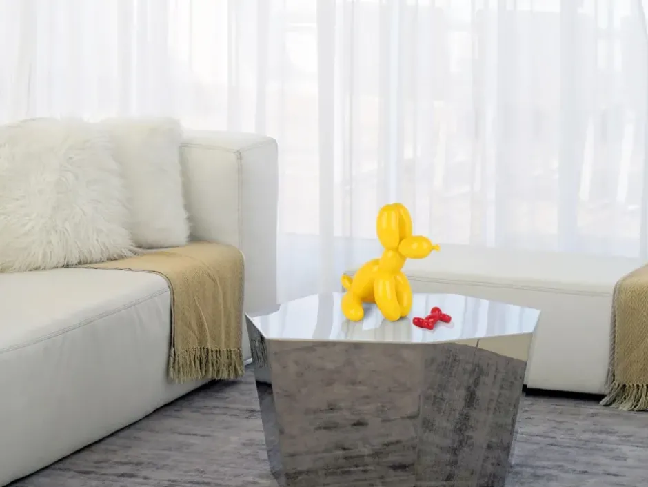 Statues & Sculptures Floor Standing|Table Top^Balloon Dog & Bone 28cm Yellow Resin Indoor Sculpture