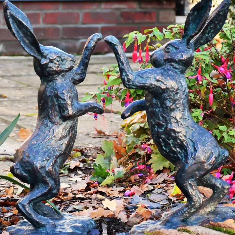 Statues & Sculptures Wildlife^Battling Hares 50cm Bronze Metal Garden Statues