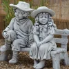Statues & Sculptures Children^Boy & Girl on Bench Stone Garden Statue