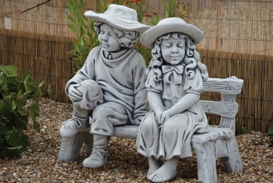 Statues & Sculptures Children^Boy & Girl on Bench Stone Garden Statue