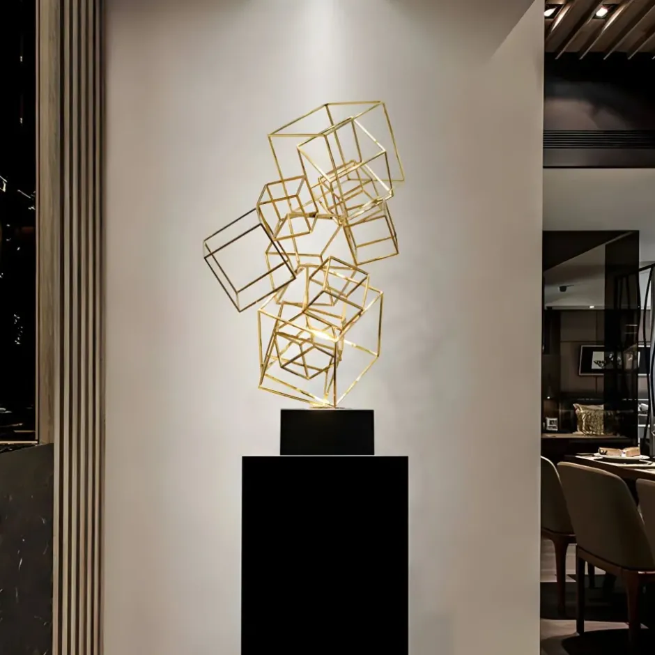 Statues & Sculptures Table Top|Abstract^Cube Fusion 85cm Gold Metal Indoor Sculpture