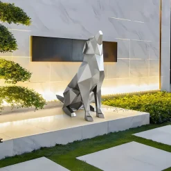 Statues & Sculptures Low Poly|Animals^Dog 100cm Silver Geometric Metal Garden Sculpture