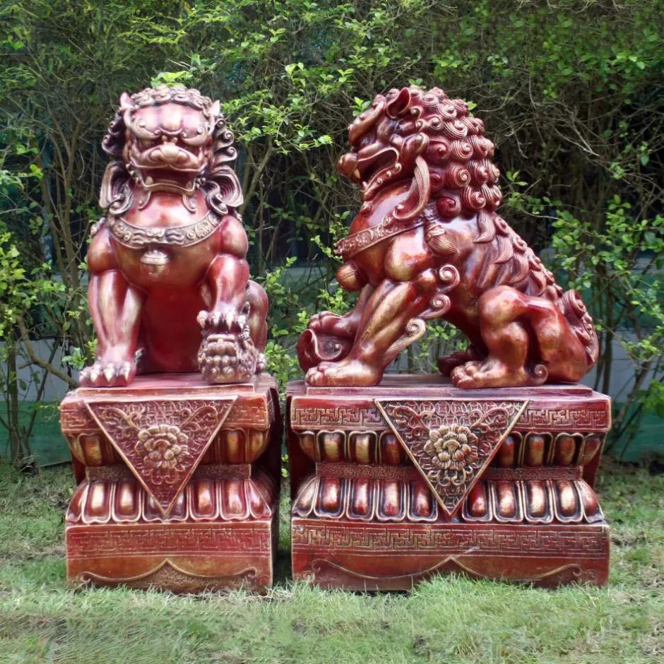 Statues & Sculptures Lions^Foo Dogs 45cm Red Chinese Garden Statues