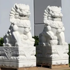 Statues & Sculptures Lions^Foo Dogs 120cm White Marble Garden Statues