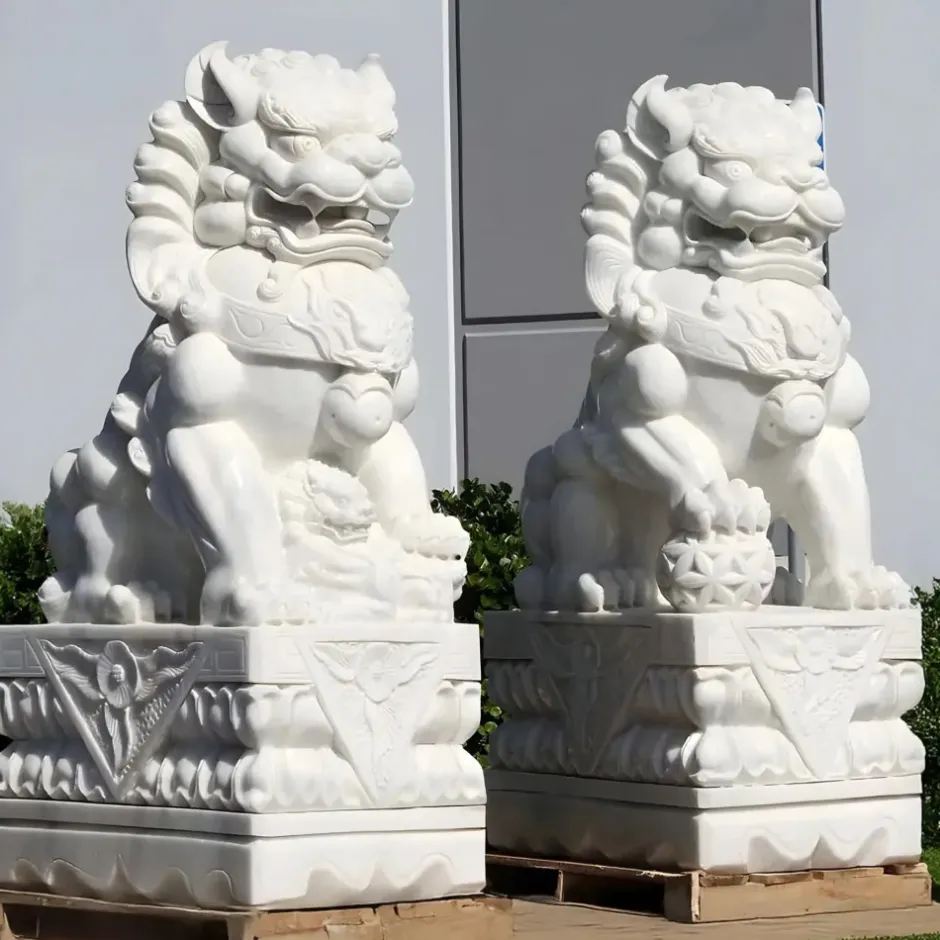 Statues & Sculptures Lions^Foo Dogs 120cm White Marble Garden Statues