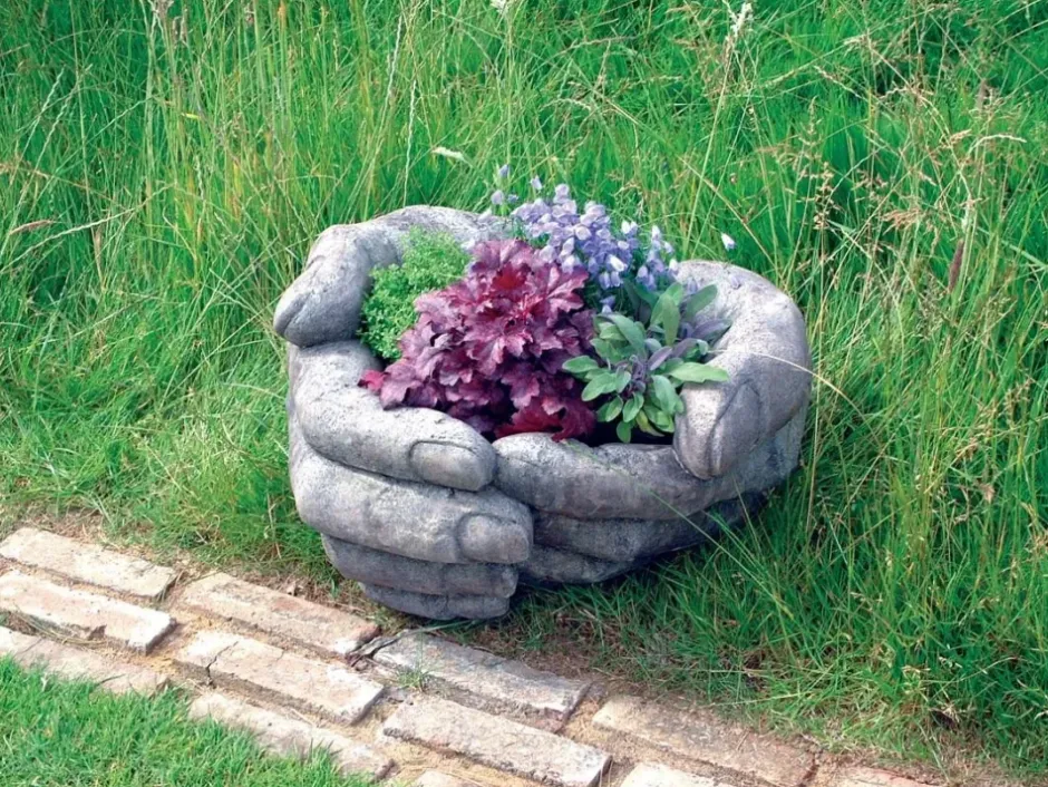 Statues & Sculptures Large|Round^Giant Cupped Hands Stone Garden Planter