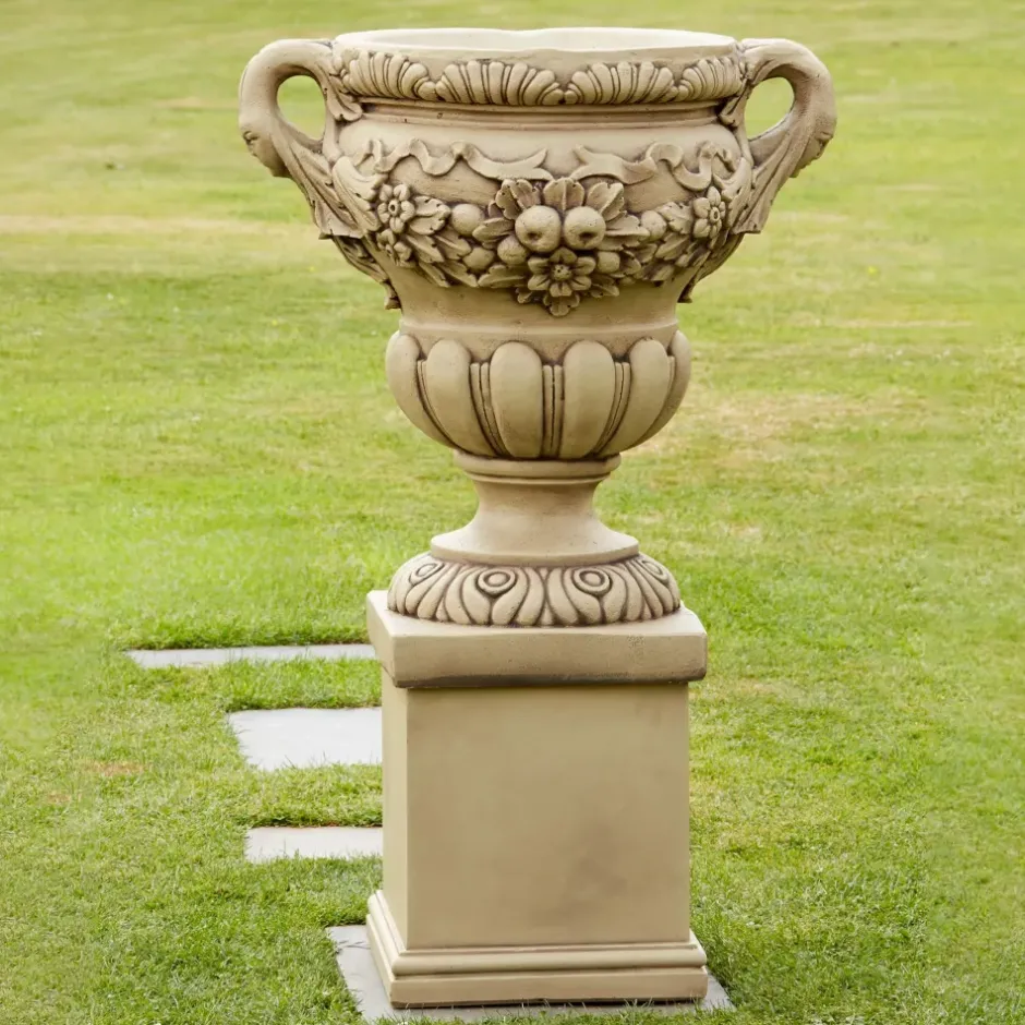 Statues & Sculptures Large|Round^Gordes Vase on Pedestal Stone Garden Planter