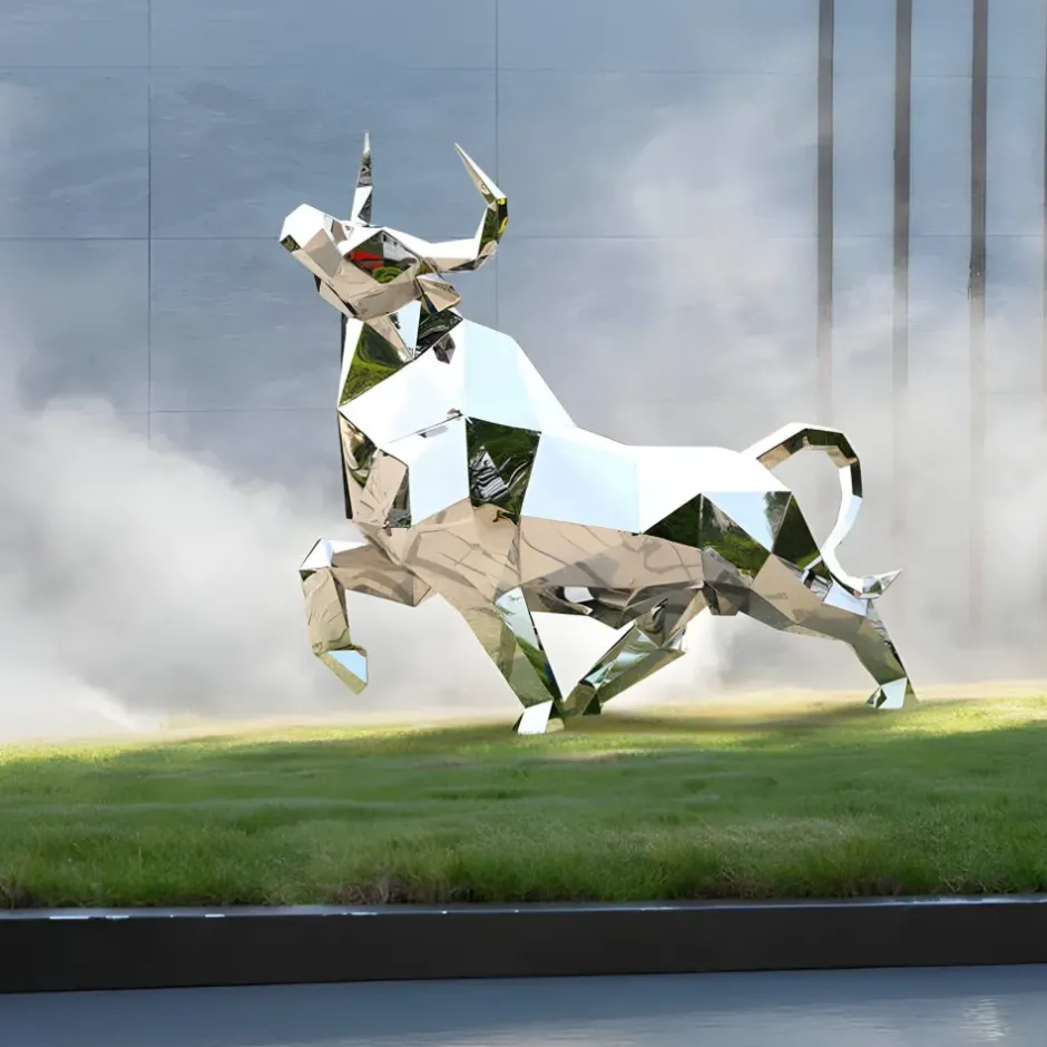 Statues & Sculptures Farm|Contemporary^Grand Bull 120cm Geometric Metal Garden Sculpture
