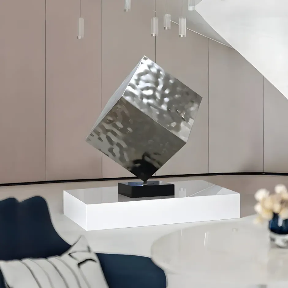 Statues & Sculptures Table Top|Abstract^Hyper Cube 75cm Silver Metal Indoor Sculpture