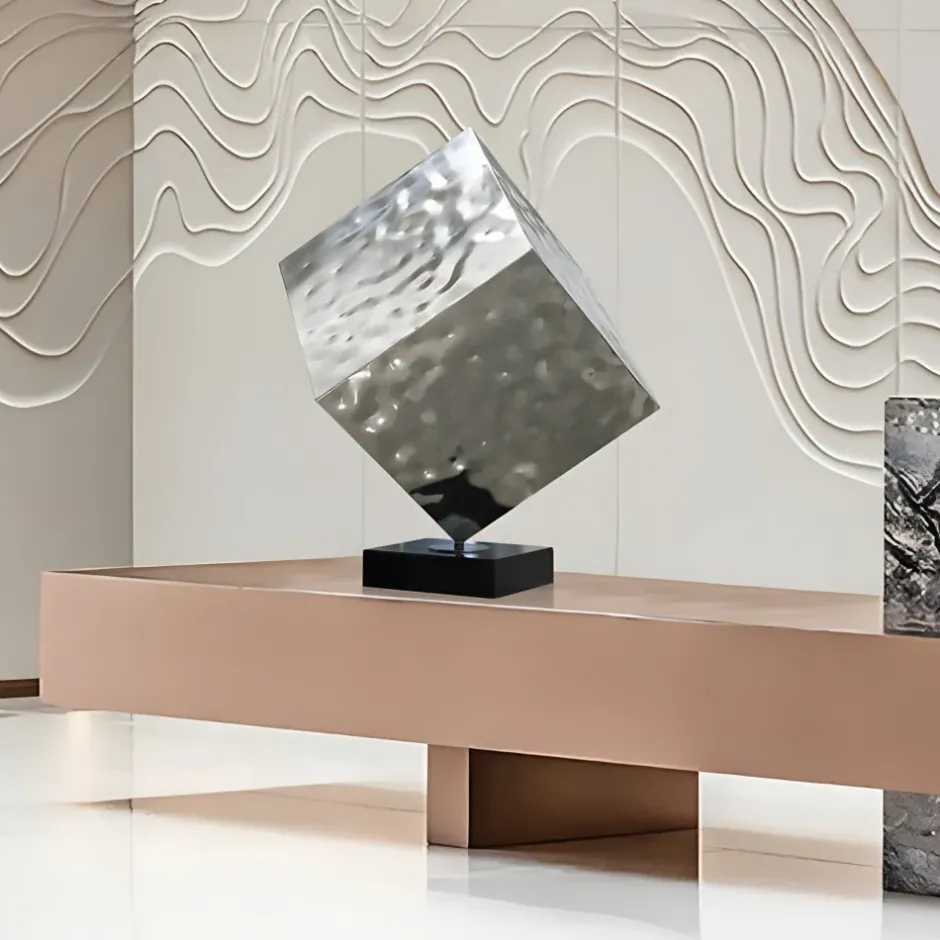 Statues & Sculptures Table Top|Abstract^Hyper Cube 75cm Silver Metal Indoor Sculpture