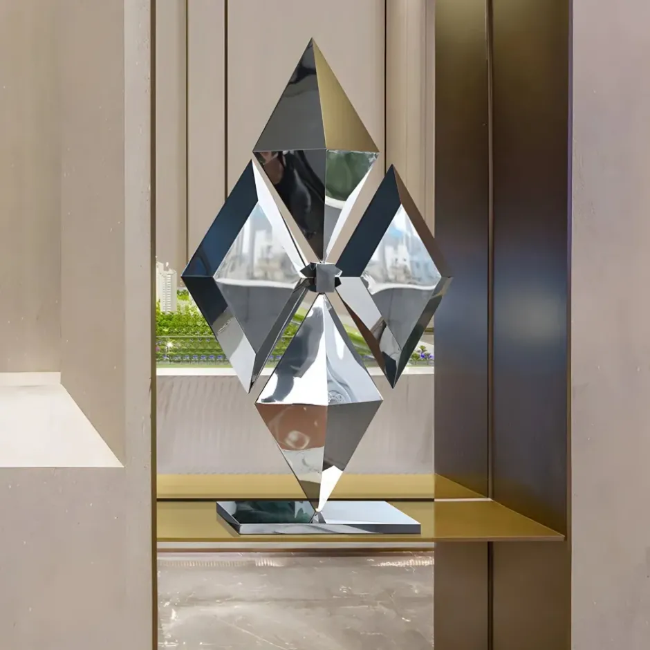 Statues & Sculptures Floor Standing|Low Poly^Hyper Prism 103cm Silver Geometric Metal Indoor Sculpture