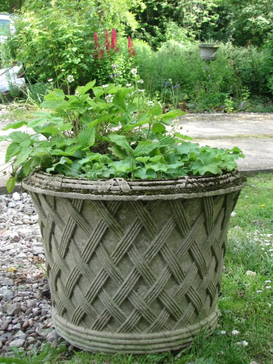Statues & Sculptures Large|Round^Jardinier Basket Weave 45cm Stone Garden Planter