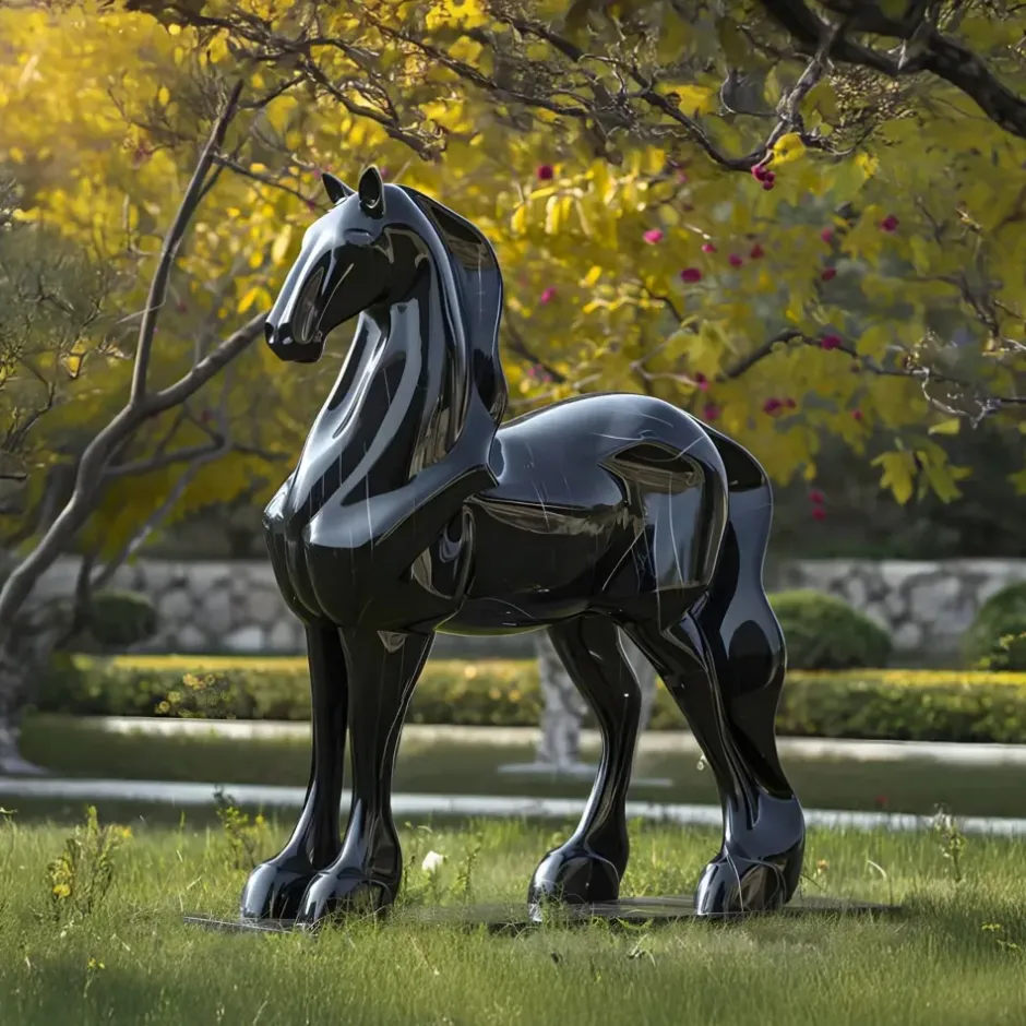 Statues & Sculptures Horses|Contemporary^Midnight Stallion 200cm Black Marble Garden Statue