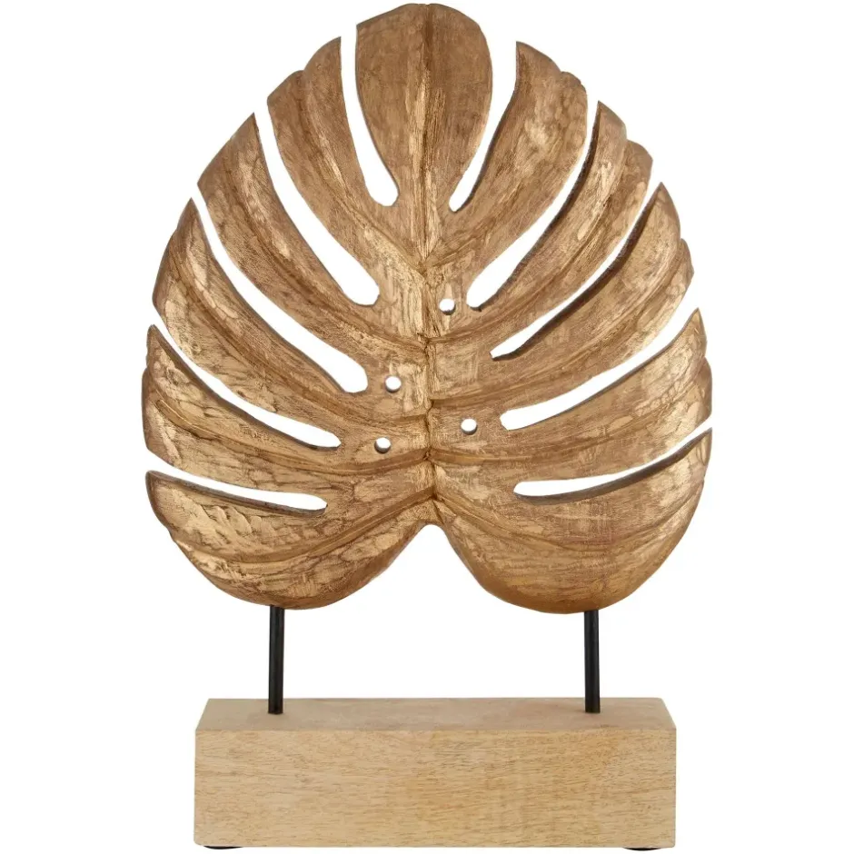 Statues & Sculptures Table Top|Contemporary^Monsera Leaf 45cm Gold Wood Indoor Sculpture