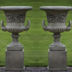 Statues & Sculptures Large|Round^Pair of Grecian Stone Garden Planter Urns on Pedestals