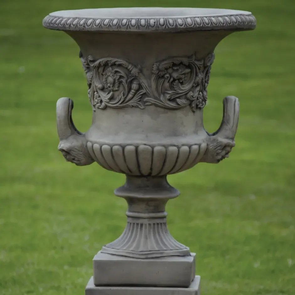 Statues & Sculptures Large|Round^Pair of Grecian Stone Garden Planter Urns on Pedestals