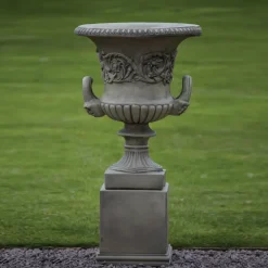 Statues & Sculptures Large|Round^Pair of Grecian Stone Garden Planter Urns on Pedestals