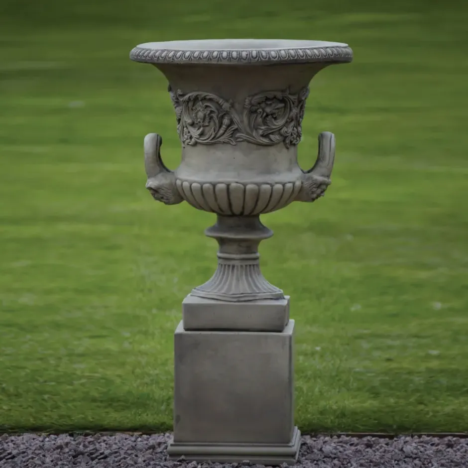 Statues & Sculptures Large|Round^Pair of Grecian Stone Garden Planter Urns on Pedestals