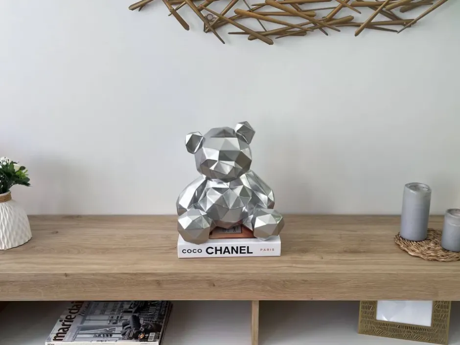 Statues & Sculptures Table Top|Low Poly^Polygon Bear 30cm Silver Resin Indoor Sculpture