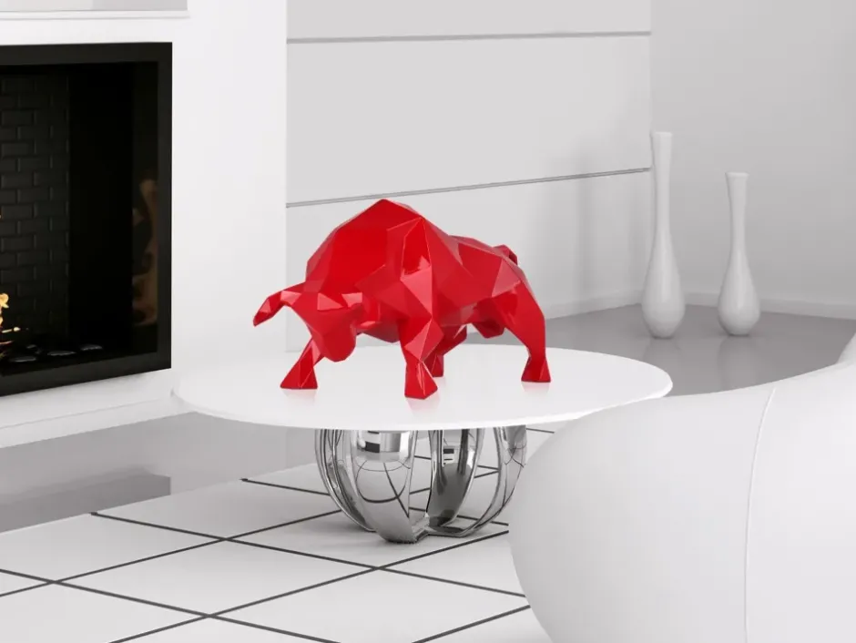 Statues & Sculptures Table Top|Low Poly^Polygon Bull 25cm Red Resin Indoor Sculpture