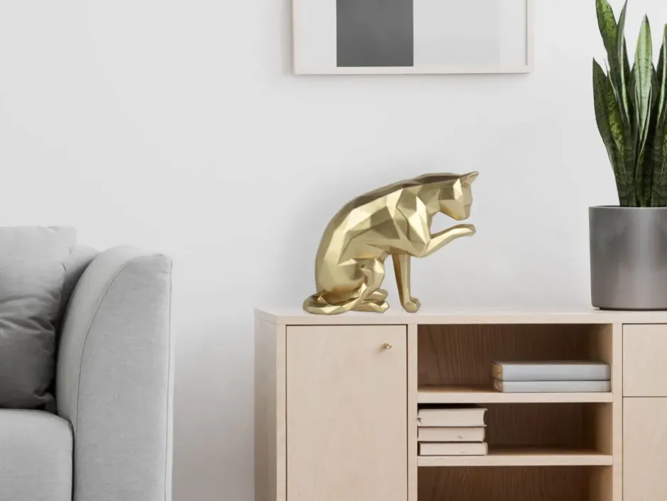 Statues & Sculptures Table Top|Low Poly^Polygon Cat 24cm Gold Resin Indoor Sculpture