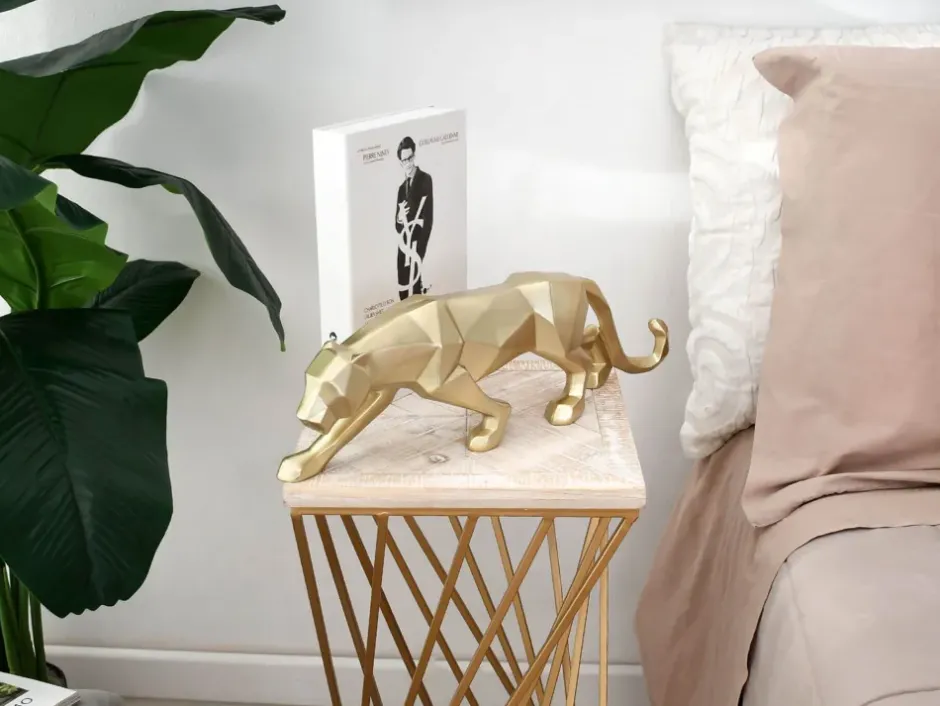 Statues & Sculptures Table Top|Low Poly^Polygon Panther 14cm Gold Resin Indoor Sculpture