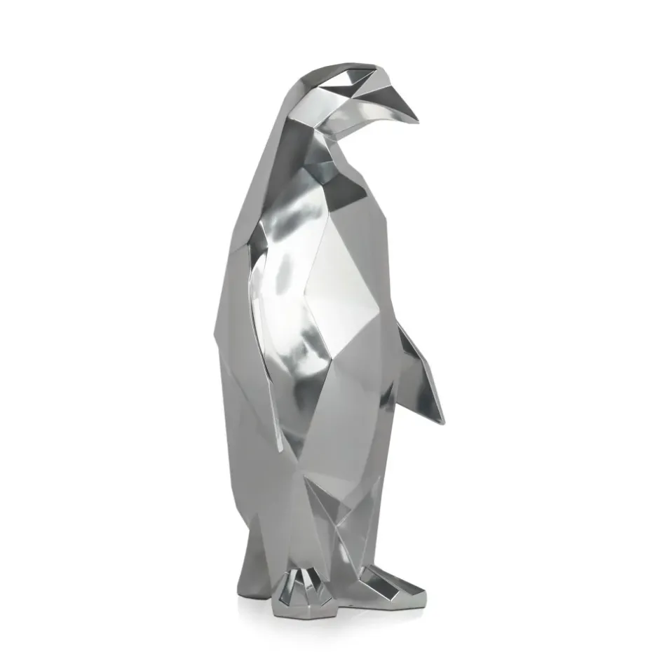 Statues & Sculptures Table Top|Low Poly^Polygon Penguin 50cm Silver Resin Indoor Sculpture