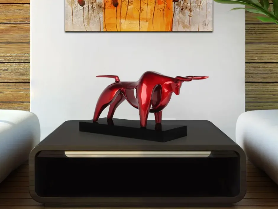 Statues & Sculptures Table Top|Animals^Raging Bull 35cm Red Resin Indoor Sculpture