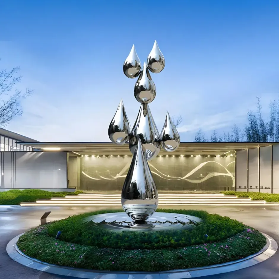 Statues & Sculptures Floor Standing|Abstract^Raindrop Ripples 120cm Silver Metal Garden Sculpture