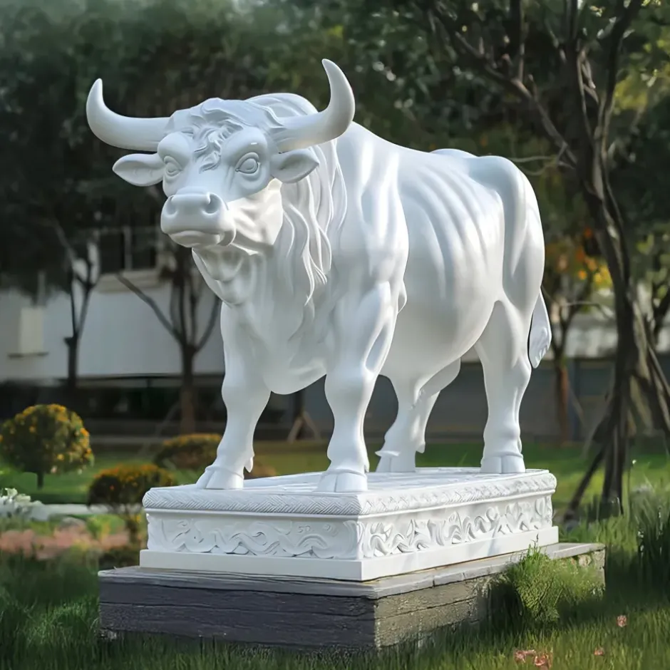 Statues & Sculptures Farm|Modern^Regal Bull 120cm White Marble Garden Statue v1