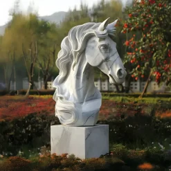 Statues & Sculptures Horses|Modern^Regal Horse Head 120cm White Marble Garden Statue