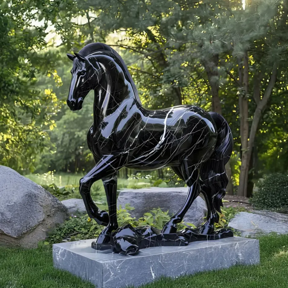 Statues & Sculptures Horses^Regal Stallion 220cm Black Marble Garden Statue