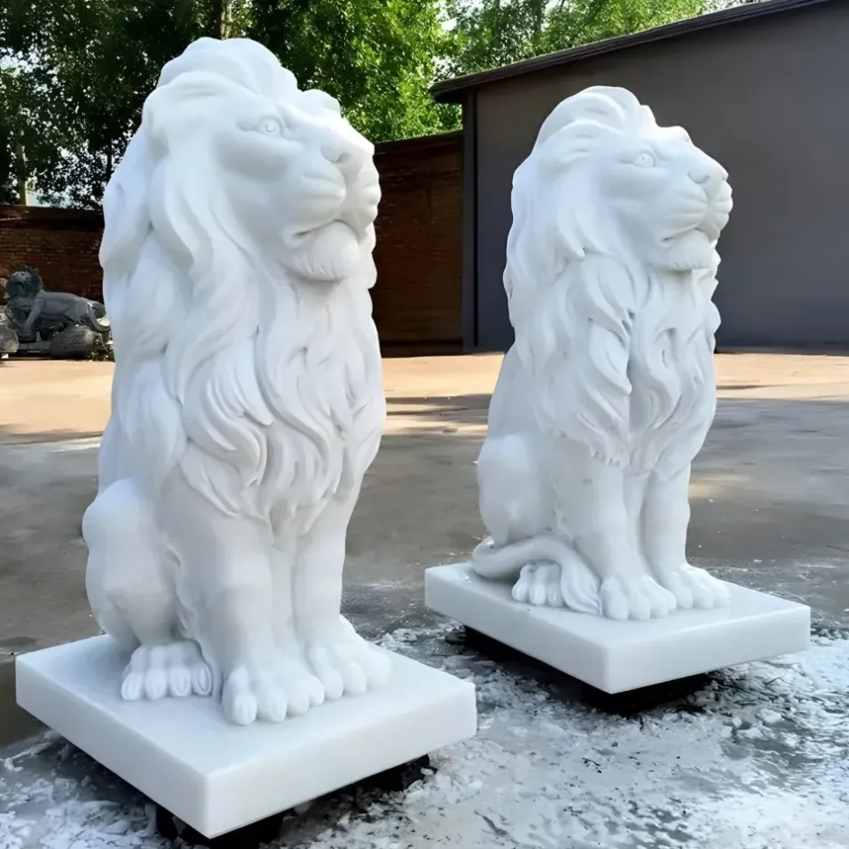 Statues & Sculptures Lions|Modern^Royal Lion 120cm White Marble Garden Statue