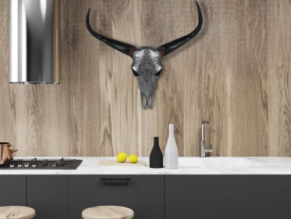 Statues & Sculptures Wall Art|Animals^Sacred Buffalo 63cm Silver Resin Wall Sculpture