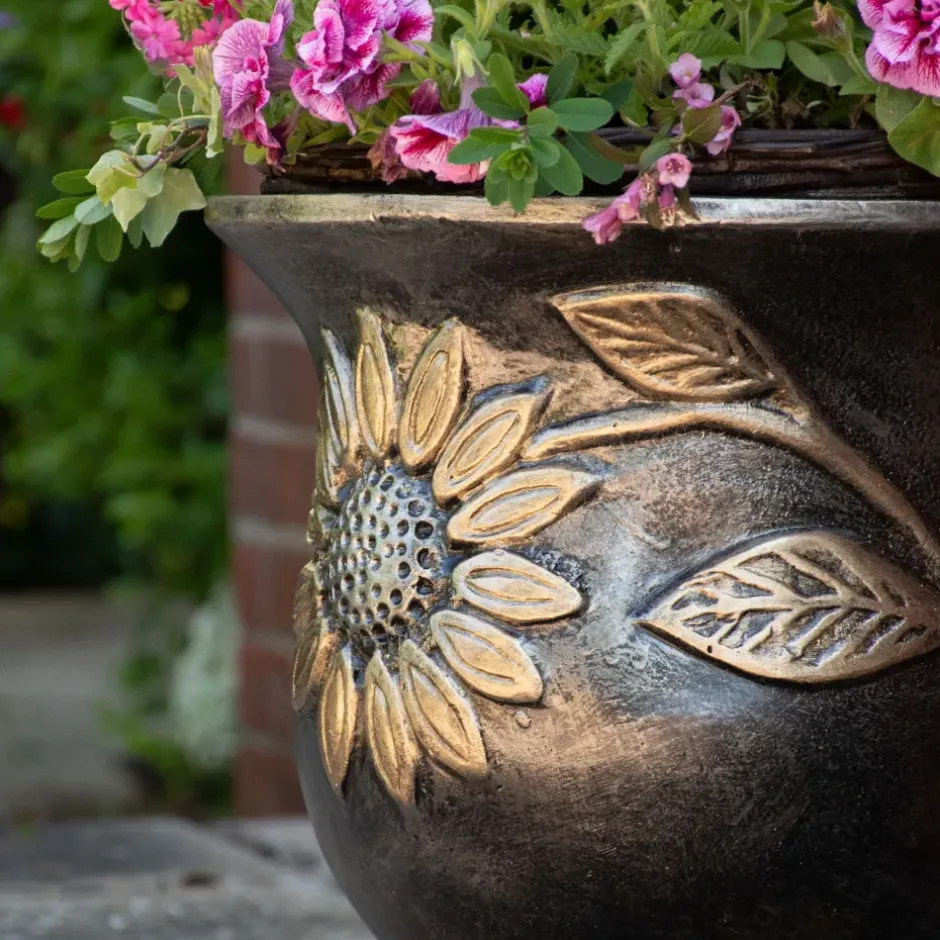 Statues & Sculptures Round^Sunflower Urn Bronze Metal Garden Planter