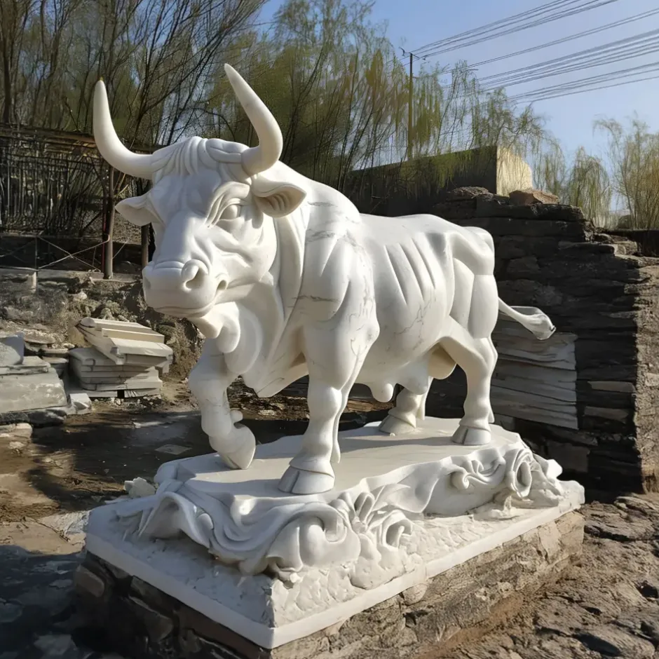 Statues & Sculptures Farm|Modern^Titan Bull 150cm White Marble Garden Statue v1