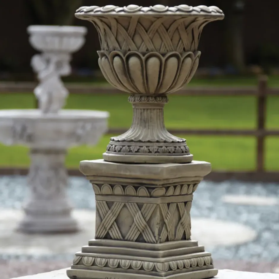 Statues & Sculptures Large|Round^Woven Stone Garden Planter on Pedestal