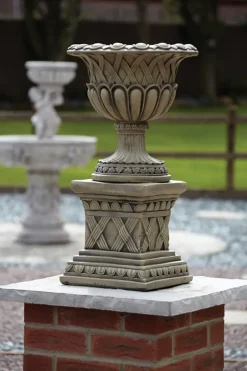 Statues & Sculptures Large|Round^Woven Stone Garden Planter on Pedestal