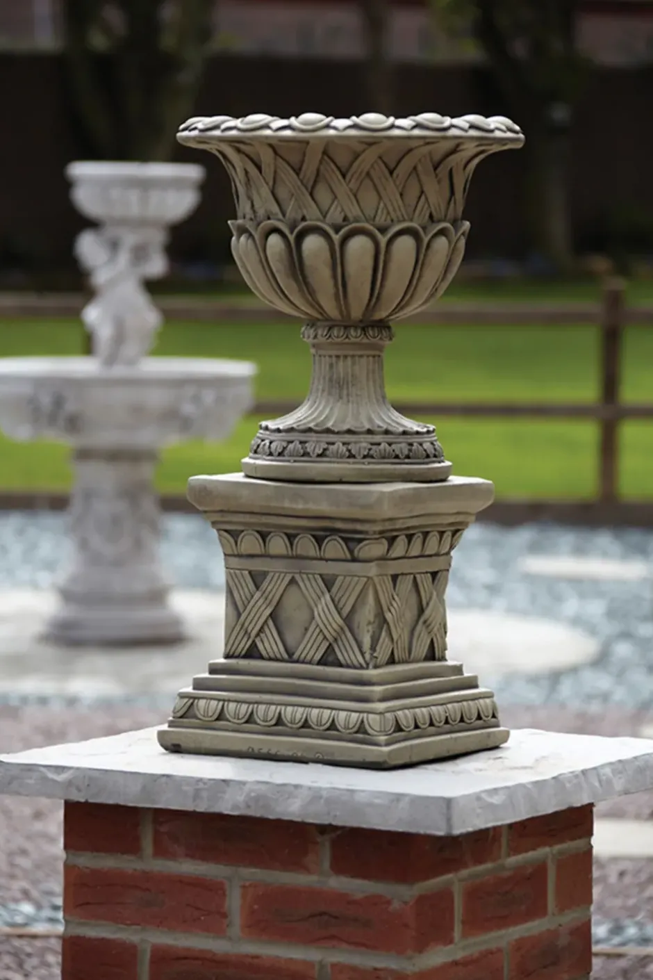 Statues & Sculptures Large|Round^Woven Stone Garden Planter on Pedestal